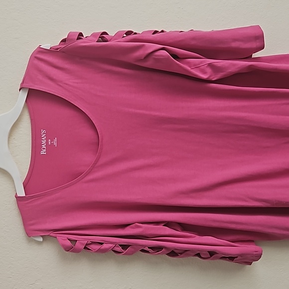 Roaman's Tops - Roamans L Soft long Tunic, pink, lattice sleeve shirt, 3/4 Sleeve